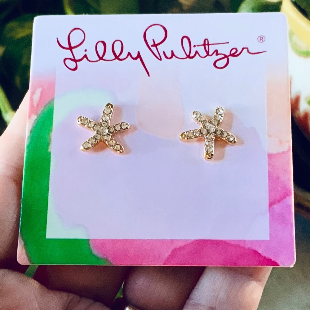 Lilly Pulitzer EARRINGS ⭐️SPARKLING GOLD PETITE STARFISH 🩷CRYSTAL PIERCED - Picture 6 of 6